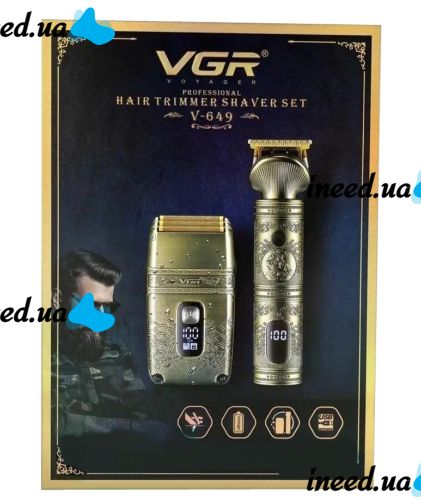Беспроводная машинка и триммер для стрижки волос и бороды VGR V-649 со сменными насадками, Аккумуляторный бритвенный станок для мужчин от USB Золотой