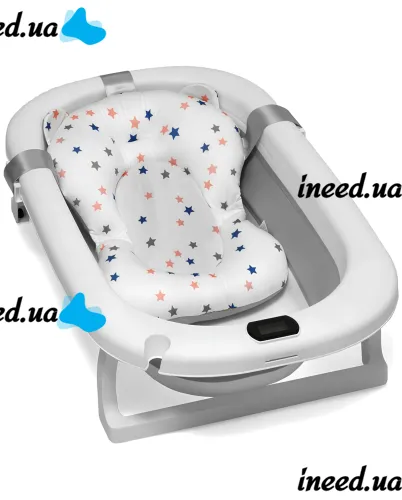 Складная детская ванна для купания Smart Babyhood BH-334G раскладная ванночка для младенцев с LED термометром, подушкой и ручкой для душа Серая