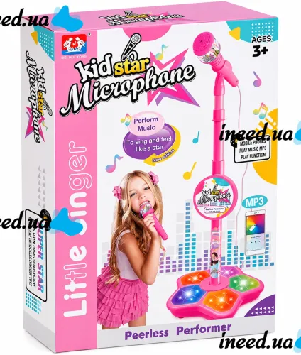 Детский микрофон Kid Star Microphone 5352A на регулируемой стойке с подсветкой, караоке со звуковыми эффектами и МР3 для детей от 3-х лет Розовое