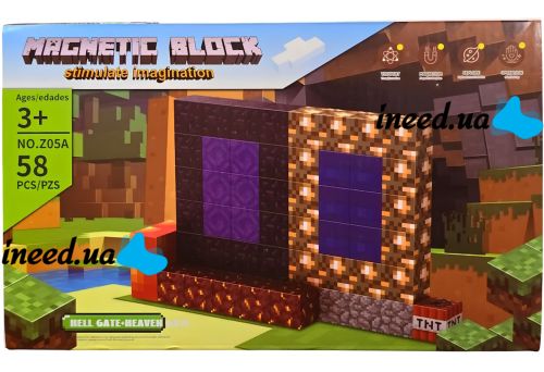 Детский магнитный конструктор Майнкрафт Magnetic Block Minecraft Z05A на 58 деталей 2х2 см разноцветные развивающие 3D кубики для детей от 3-х лет