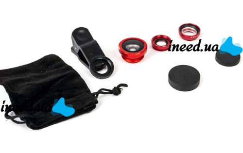 Линза с прищепкой для съемки Fish Eye Lens Y-12 3 в 1 набор объективов для фото и видео на телефон, панорамный рыбий глаз макросъемка Y12 Красный