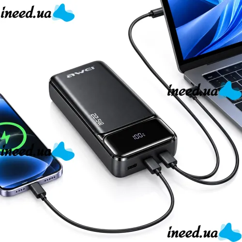 Портативное зарядное устройство Power Bank Awei PA-92 20000 мАч 22.5W внешний аккумулятор повербанк с быстрой зарядкой и дисплеем для телефона Type-C