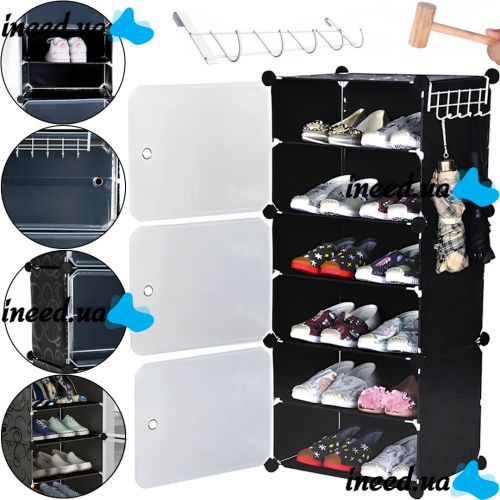 Складной шкаф органайзер для обуви Storage Cube Cabinet D1-3 42х32х95см пластиковая тумба с дверцами на 3 секции и 6 полочек для одежды Черная