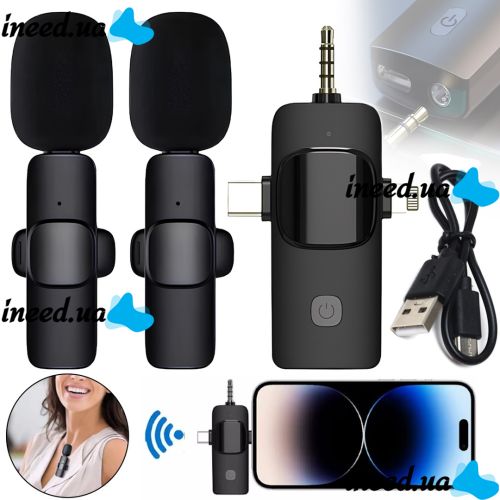 Петличный двойной микрофон Wireless Microphone K15 петличка с прищепкой на одежду 2 микрофона Type-C Lightning с шумоподавлением для блогера K-15