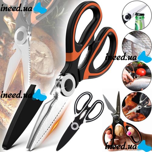 Универсальные кухонные ножницы Onnaaruji Kitchen Scissors KJ01 для нарезки мяса, рыбы и овощей, орехокол из нержавеющей стали с открывалкой в чехле