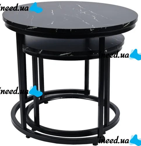 Комплект журнальных столиков Kontrast SK102 2 в 1 50 / 70 см круглый двойной кофейный стол трансформер Лофт с металлическим каркасом Черный мрамор