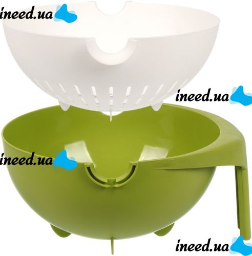 Double Colander with Bowl Mesh Strainer Drain Basket JM-615 2 in 1 Drain Bowl-Colander with Sieve, Plastic Bucket for washing fruits and vegetables Green