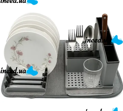 Настольная сушилка для посуды Scalable Drain Rack 0578 кухонный органайзер с поддоном и ковриком из микрофибры для хранения и сушки приборов Серый