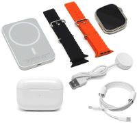 Комплект Aemax 3 в 1 наручные Смарт часы Smart Watch RM22 вакуумные Bluetooth наушники AirPods Pro и беспроводной power bank MagSafe для телефона