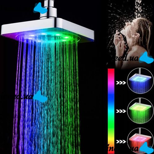 Світлодіодна квадратна насадка лійка для верхнього душу Shower head AND XL-902 з LED RGB підсвічуванням, душова насадка-лійка з датчиком температури