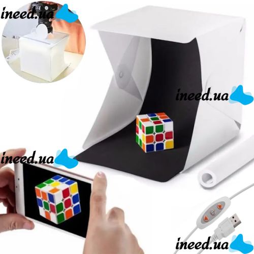 Раскладной фотобокс NJ-0065 с Led-подсветкой 22x22x22 см для предметной съемки, Световой лайтбокс для макросъемки, Мини фотостудия 2 фона