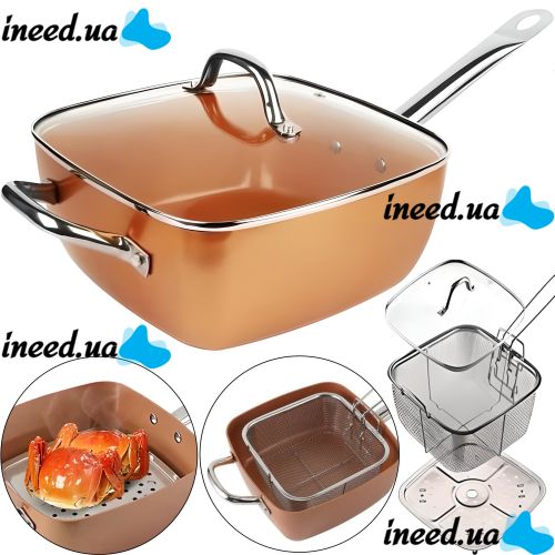 Универсальная сковорода Copper Cook Deep Square Pan Ampowar 24 см с фритюром и пароваркой с крышкой, Антипригарная сковородка фритюрница с дуршлагом