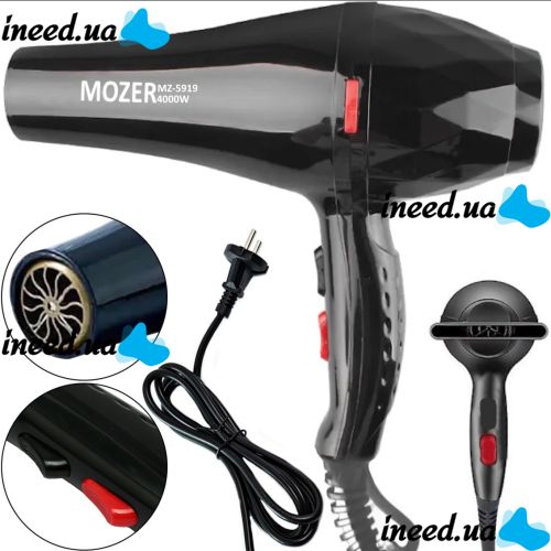 Профессиональный фен Mozer MZ-5919 4000W для сушки и укладки волос, Электрический фен Мозер с холодным обдувом и концентратором 2 скорости 2 режима