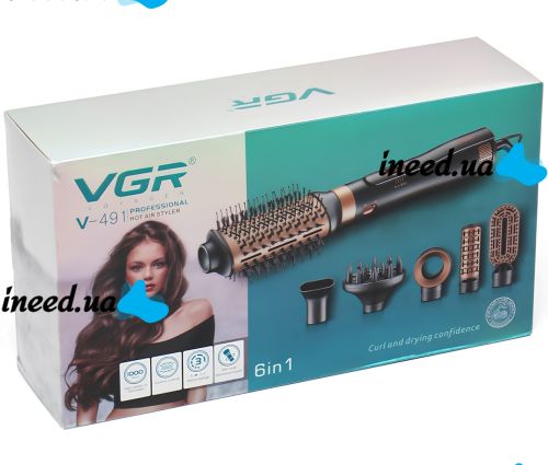 Фен стайлер для укладки волос VGR V-491 6 в 1 щетка браш с насадками 1000W мультистайлер для сушки и выпрямления с керамическим покрытием Черный