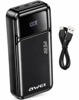 Портативное зарядное устройство Power Bank Awei PA-92 20000 мАч 22.5W внешний аккумулятор повербанк с быстрой зарядкой и дисплеем для телефона Type-C