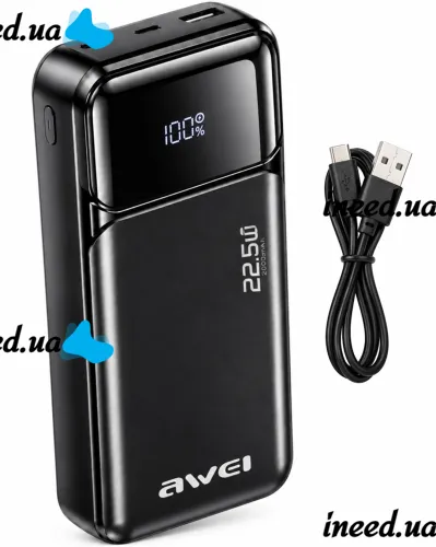 Портативное зарядное устройство Power Bank Awei PA-92 20000 мАч 22.5W внешний аккумулятор повербанк с быстрой зарядкой и дисплеем для телефона Type-C