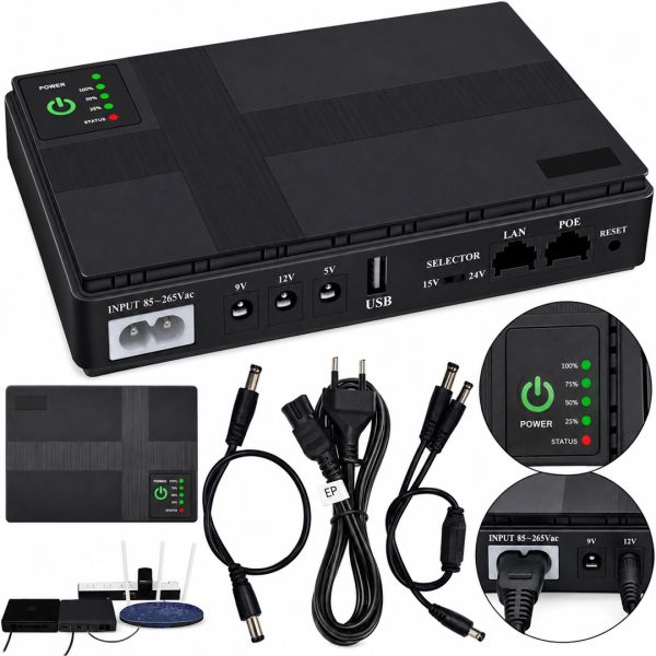 Джерело безперебійного живлення ДБЖ UPS DC1018P для WI-Fi роутера 5V 9V 12V Power Bank 10400 mAh, бесперебойник 18W для модему комутаторів і камер