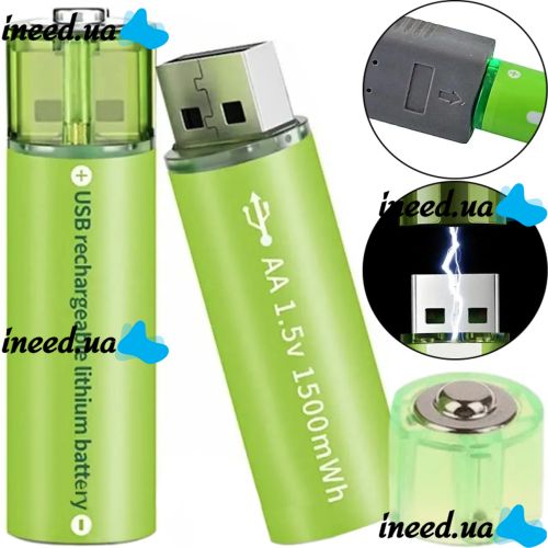 Аккумуляторные перезаряжаемые батарейки USB АА FlyCat 1.5V 1500 mAh 2шт, Пальчиковые аккумуляторы батарейка 1500 мАч зарядка от юсб в кейсе Зеленые