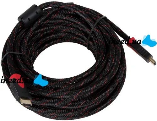 Посилений кабель Hdmi to Hdmi 15м 1080p в обмотці, кабель-подовжувач HDMI-HDMI 15m 15 m 15 м 15 м для монітора і телевізора в обплетенні Чорно Червоний