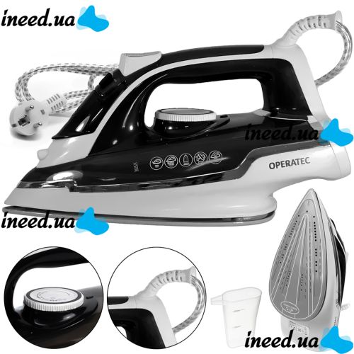 Operatec OP-1006 2200W manual steam iron with ceramic soleplate and steam regulator for ironing and steaming clothes from the mains Black