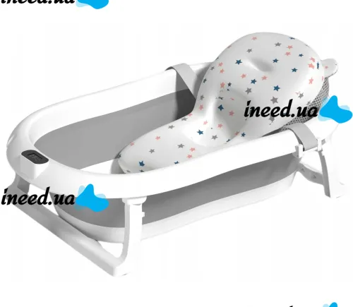 Складная детская ванна для купания Smart Babyhood BH-334G раскладная ванночка для младенцев с LED термометром, подушкой и ручкой для душа Серая