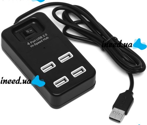 Розгалужувач Hi-Speed Hub 4 Port USB 2.0 P-1601 хаб концентратор із вимикачем на 4 юсб порти до 480 Мбіт/с для комп'ютера і ноутбука Чорний