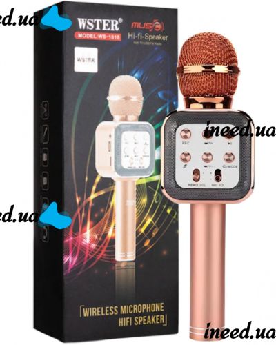 Беспроводной микрофон караоке Wster WS-1818 Bluetooth USB AUX FM со встроенной колонкой и функцией изменения голоса на аккумуляторе в чехле Розовый