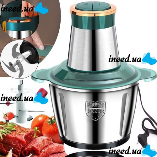 Электрический измельчитель мясорубка Молния Rainberg RB-2202 1200W с чашей 2л, Кухонный блендер комбайн 4 ножа BT-7019 из нержавеющей стали Зеленый