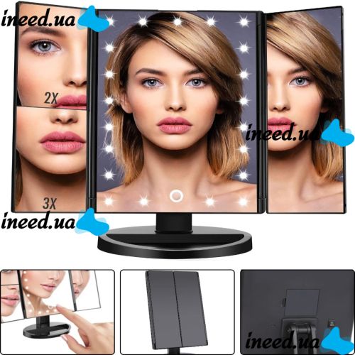 Cosmetic Triple Mirror with Touch Button Superstar Magnifying Mirror JN-817 3 in 1 with Magnification, Folding Mirror with LED Backlight Black