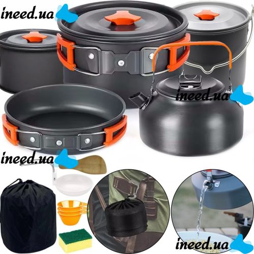 Туристический кухонный набор посуды Camping cooking AL-600 на 15 предметов чайник 3 кастрюли сковорода и кухонные принадлежности в чехле для кемпинга