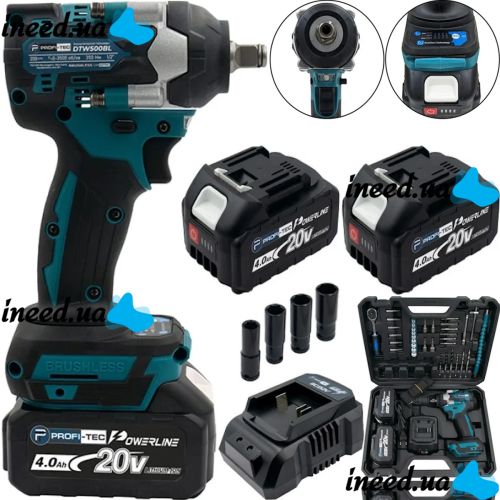 Беспроводной ударный гайковерт Makita DTW500BL 20V 4Ah 2 аккумулятора, Аккумуляторный бесщеточный гайковерт PROFI-TEC 350 Нм с головками в кейсе