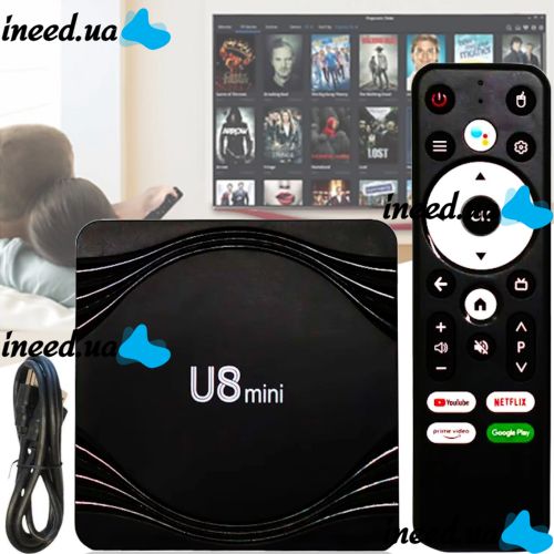 Смарт приставка Smart TV Box U8 Mini 4Gb/32GB Android с пультом, ТВ медиаплеер 4K Андроид со встроенным Wi-Fi модулем для телевизора Черная