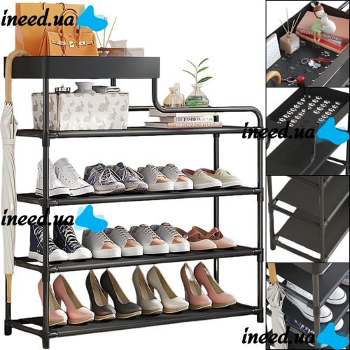 Обувниця з полицею для аксесуарів Araqel Shoe Rack стелаж органайзер для зберігання взуття 60х21х78 см металева стійка на 5 полиць в передпокій Чорна