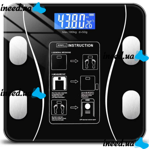 Электронные напольные фитнес весы Digital A-8003 Black до 180 кг c Bluetooth и приложением на телефон, Черные умные смарт весы с Led дисплеем