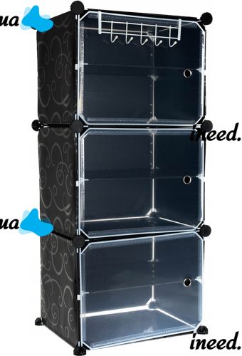 Складной шкаф органайзер для обуви Storage Cube Cabinet D1-3 42х32х95см пластиковая тумба с дверцами на 3 секции и 6 полочек для одежды Черная