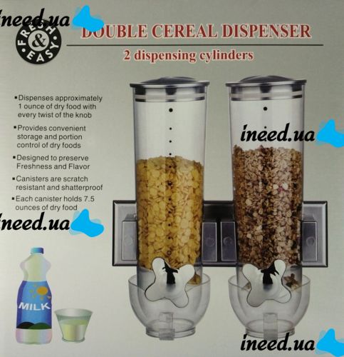 Настенный двойной диспенсер для хранения круп Double Dispenser 2 дозирующих цилиндра, емкость для сыпучих продуктов с дозатором и порционной чашей 