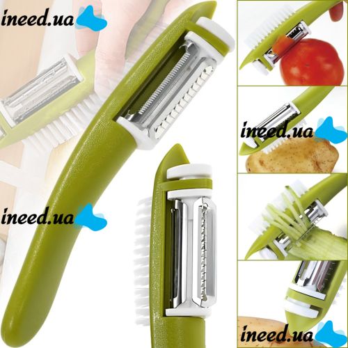Мульти-чистка для овощей с щеткой Multi Peeller 3 в 1 кухонная ручная овощечистка для очистки и удаления кожуры фруктов, чистилка с насадками Зеленая
