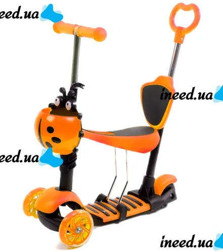 Трехколесный детский самокат беговел Scooter FYS-2864 Orange 5 в 1 со складным сиденьем, родительской ручкой и светящимися колесами Оранжевый