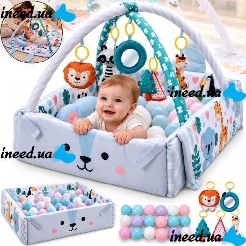 Детский развивающий коврик Ricokids Rabbit FK-2946 3в1 интерактивный манеж с мягкими бортиками, сухой бассейн с игрушками шариками для новорожденных