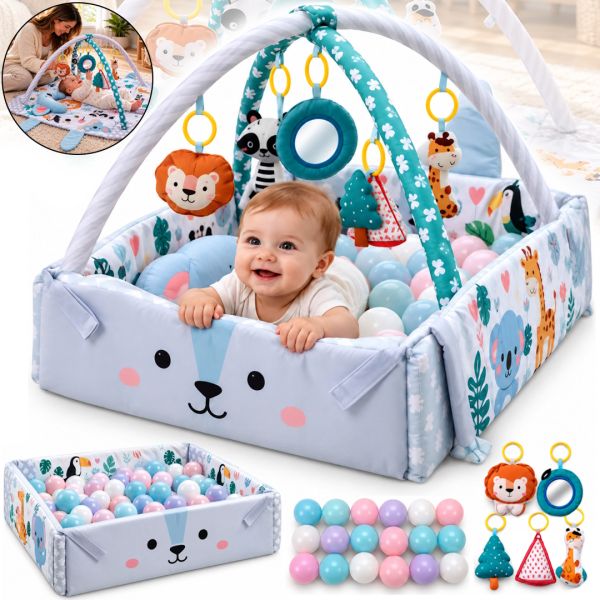 Детский развивающий коврик Ricokids Rabbit FK-2946 3в1 интерактивный манеж с мягкими бортиками, сухой бассейн с игрушками шариками для новорожденных