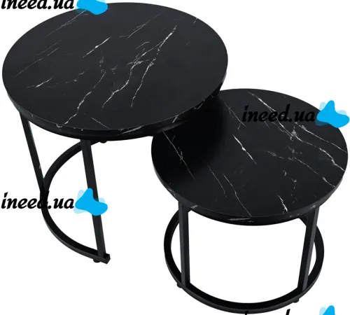 Комплект журнальных столиков Kontrast SK102 2 в 1 50 / 70 см круглый двойной кофейный стол трансформер Лофт с металлическим каркасом Черный мрамор
