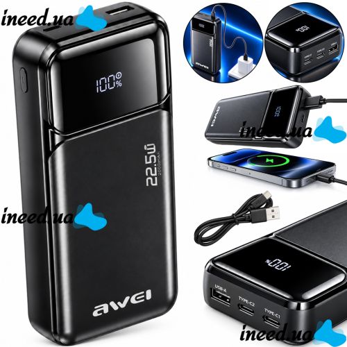 Портативное зарядное устройство Power Bank Awei PA-92 20000 мАч 22.5W внешний аккумулятор повербанк с быстрой зарядкой и дисплеем для телефона Type-C