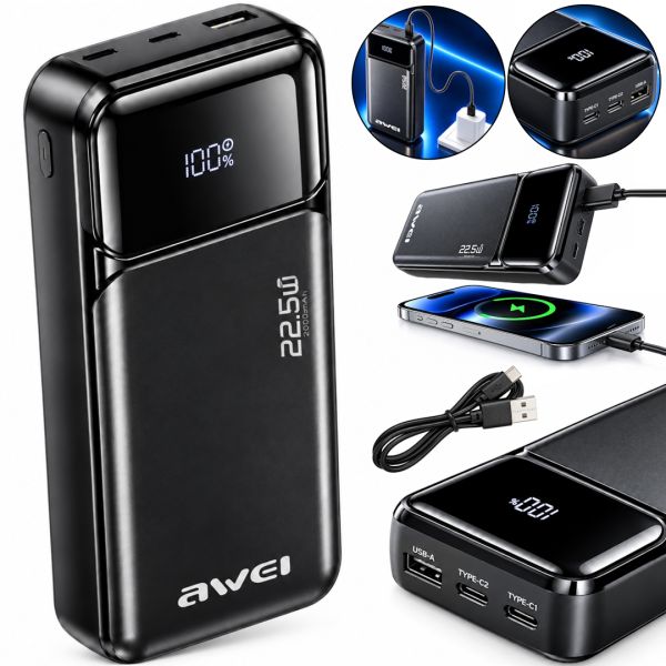 Портативное зарядное устройство Power Bank Awei PA-92 20000 мАч 22.5W внешний аккумулятор повербанк с быстрой зарядкой и дисплеем для телефона Type-C