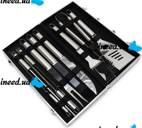 Набор для мангала в кейсе BBQ Tools Set AL-10 10 в 1 43х21х8 см шашлычный комплект из нержавеющей стали для гриля и барбекю в алюминиевом чемодане