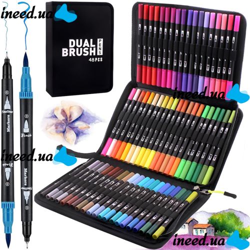 Набор акварельных маркеров-линеров для рисования Dual Brush 48 шт комплект двухсторонних скетч маркеров кистей на водной основе в пенале 48 цветов 