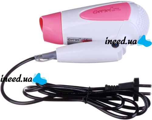 Складной дорожный фен Gemei GM-1756 Pink портативный для укладки и сушки волос со сборной ручкой, насадкой и терморегулятором 1200W Розовый