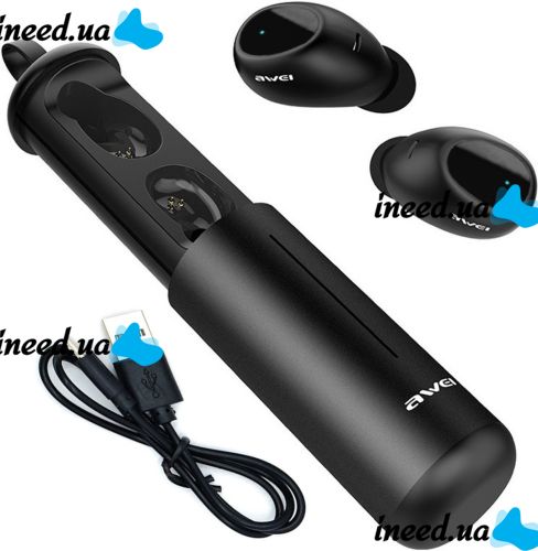 Беспроводные Bluetooth наушники с кейсом Awei T5 Black вакуумные наушники-гарнитура с шумоподавлением и микрофоном блютуз в чехле док-станция Черные