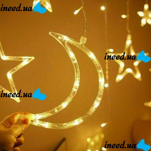 Внутренняя гирлянда штора Луна Звезды Star Moon Style теплый белый 2.5Х1 м 138 LED диодов WW, светодиодная гирлянда-занавес на окно 2.5мх1м 220V