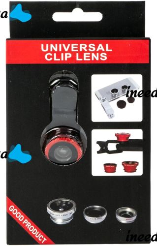 Линза с прищепкой для съемки Fish Eye Lens Y-12 3 в 1 набор объективов для фото и видео на телефон, панорамный рыбий глаз макросъемка Y12 Красный