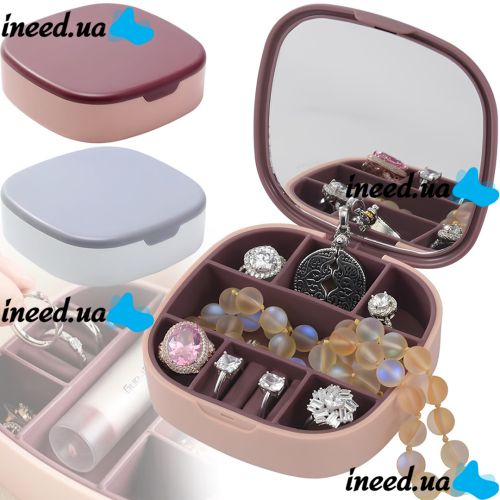 Органайзер для бижутерии с зеркалом Jewerly Storage Box LD-988 дорожная мини шкатулка на 7 отделений для украшений и ювелирных изделий 10х10 см